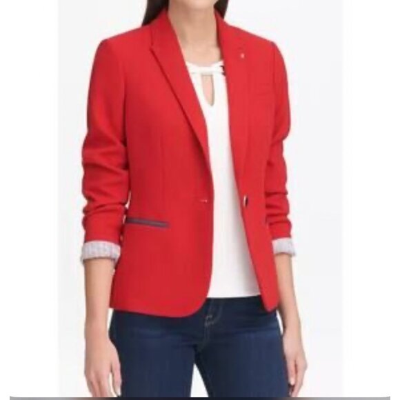 Tommy Hilfiger Women Elbow Patch Red One Button Blazer Size 2 - Picture 1 of 14